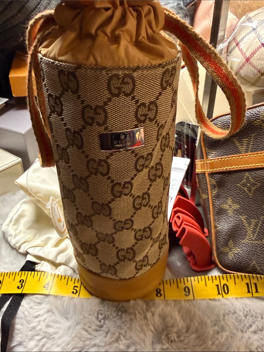 Gucci Beige GG Monogram Drawstring Mini Water Bottle Bag with Tan Trim - Picture 14 of 15